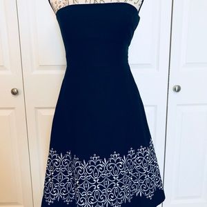 LOFT Navy Strapless Embroidered Hem Dress